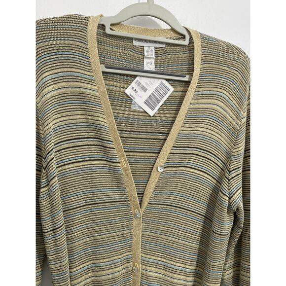 Casual Corner Long Knit Cardigan Sweater XL Metallic Gold Striped Y2K  NWT - Picture 3 of 8